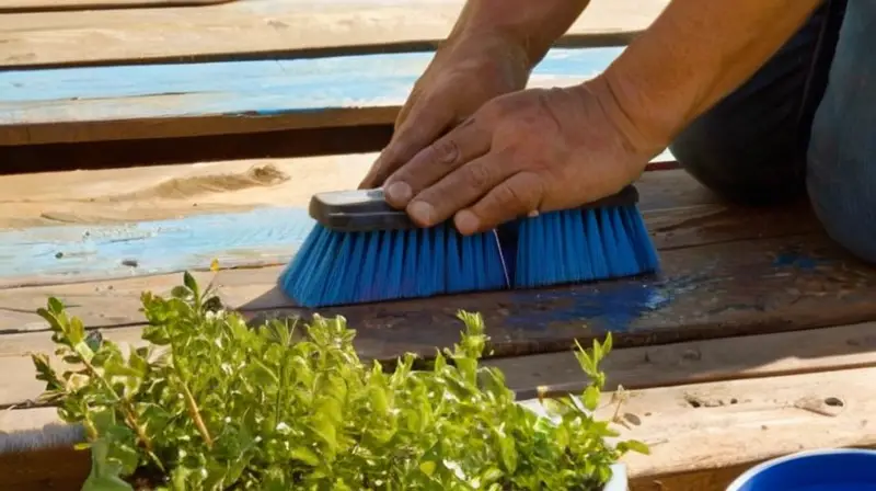 Trabajador lija madera en terraza soleada