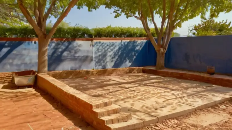 Terraza en renovación con trabajadores y herramientas