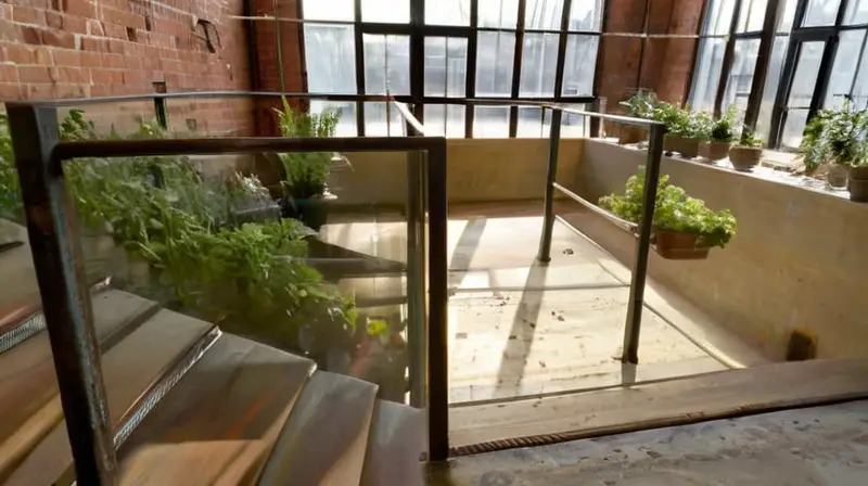 Escalera industrial con luz natural y plantas